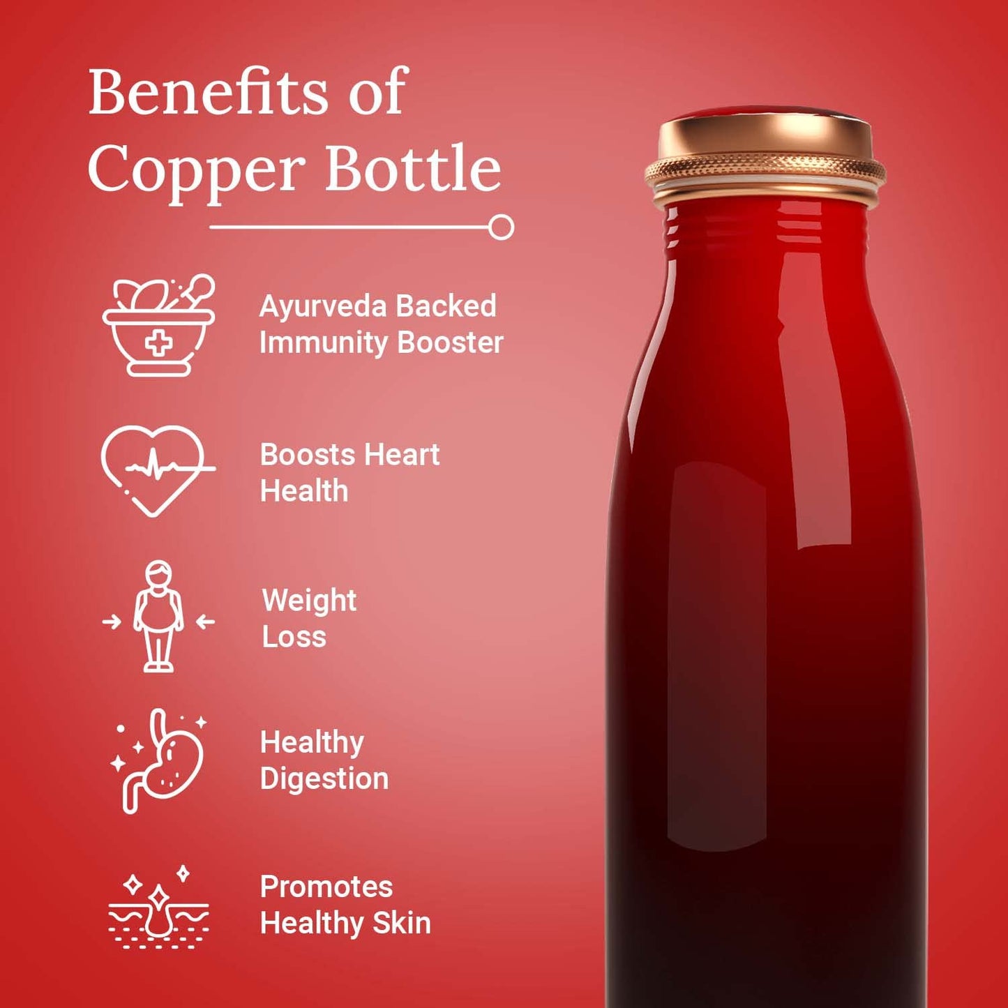 EB-Everything Beautiful Pure Copper Water Bottle 1 Litre Leakproof with Gradient Red Printed Seamless Design made of Tamba Suiatable Birthday Gift for Men & Women by ebstore