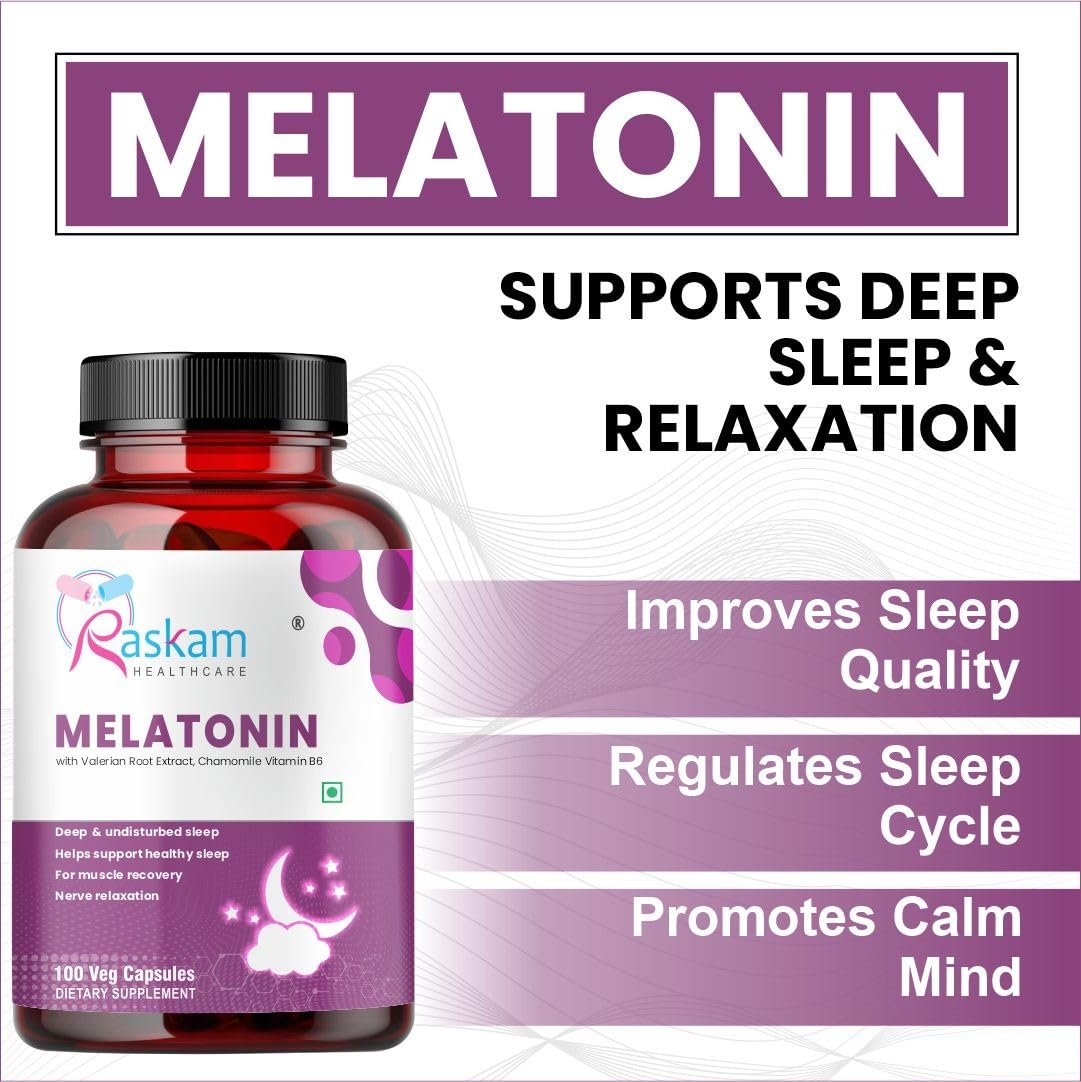 Raskam Healthcare Melatonin with Valerian Root, Chamomile & Vitamin B6 | Sleep Support Supplement | Capsules for Deep & Restful Sleep | Non-Habit Forming | 100 Veg Capsules