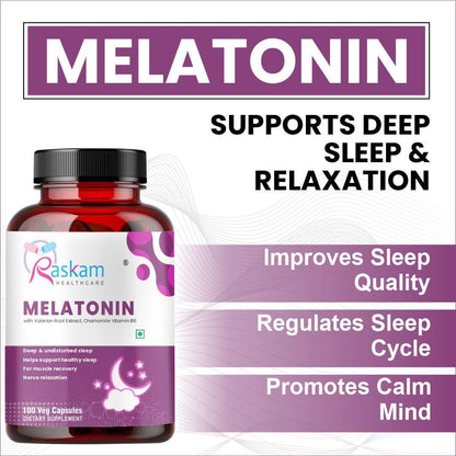 Raskam Healthcare Melatonin with Valerian Root, Chamomile & Vitamin B6 | Sleep Support Supplement | Capsules for Deep & Restful Sleep | Non-Habit Forming | 100 Veg Capsules
