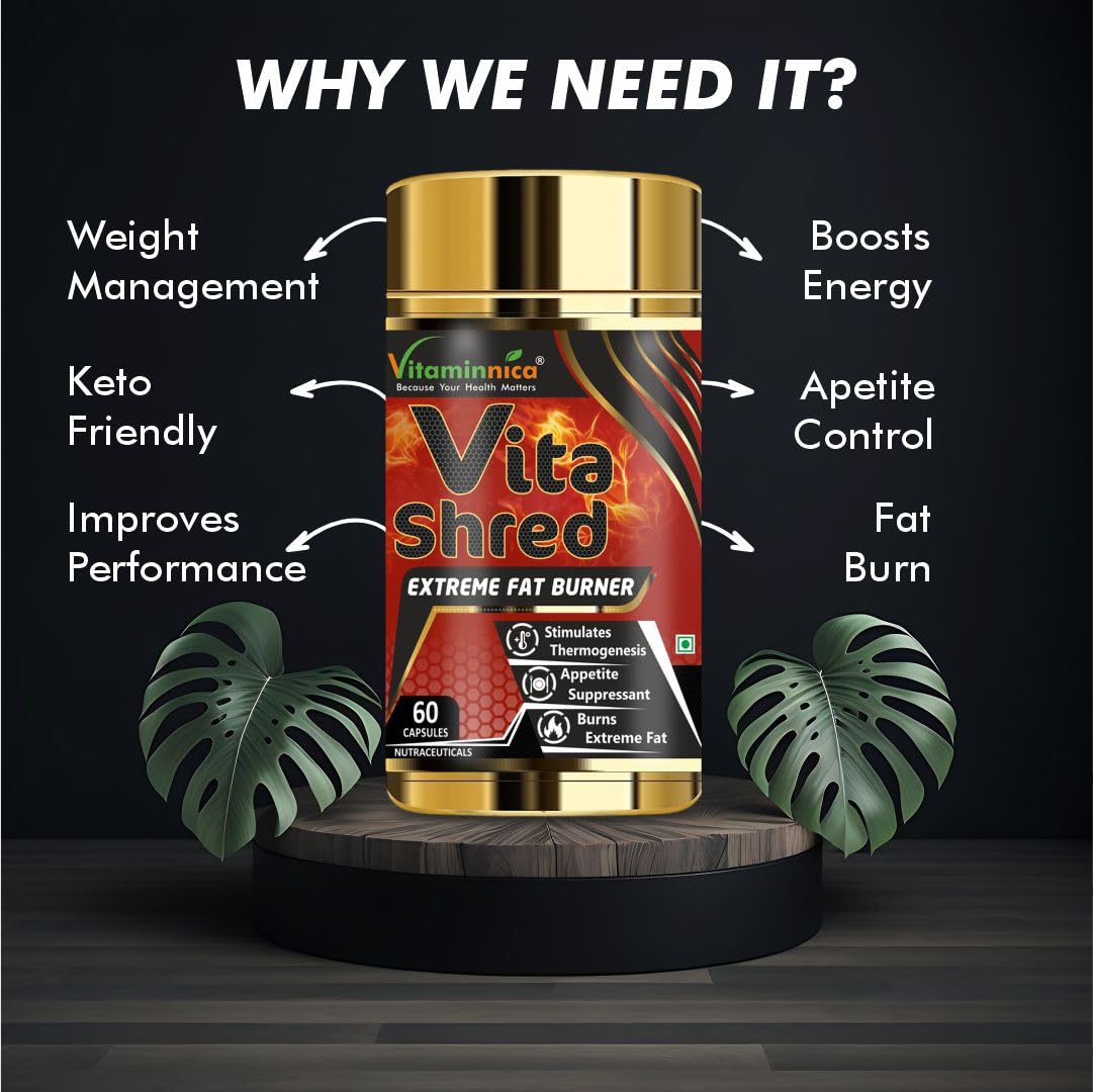 Vitaminnica Vita Shred - Fat Burner Capsules for Men and Women | Excellent Fat Burner Supplement, Metabolism Booster| Reduces Cholesterol & Sugar levels| 60 Veg Capsules