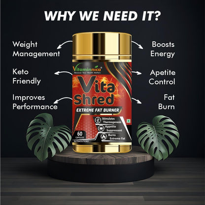 Vitaminnica Vita Shred - Fat Burner Capsules for Men and Women | Excellent Fat Burner Supplement, Metabolism Booster| Reduces Cholesterol & Sugar levels| 60 Veg Capsules