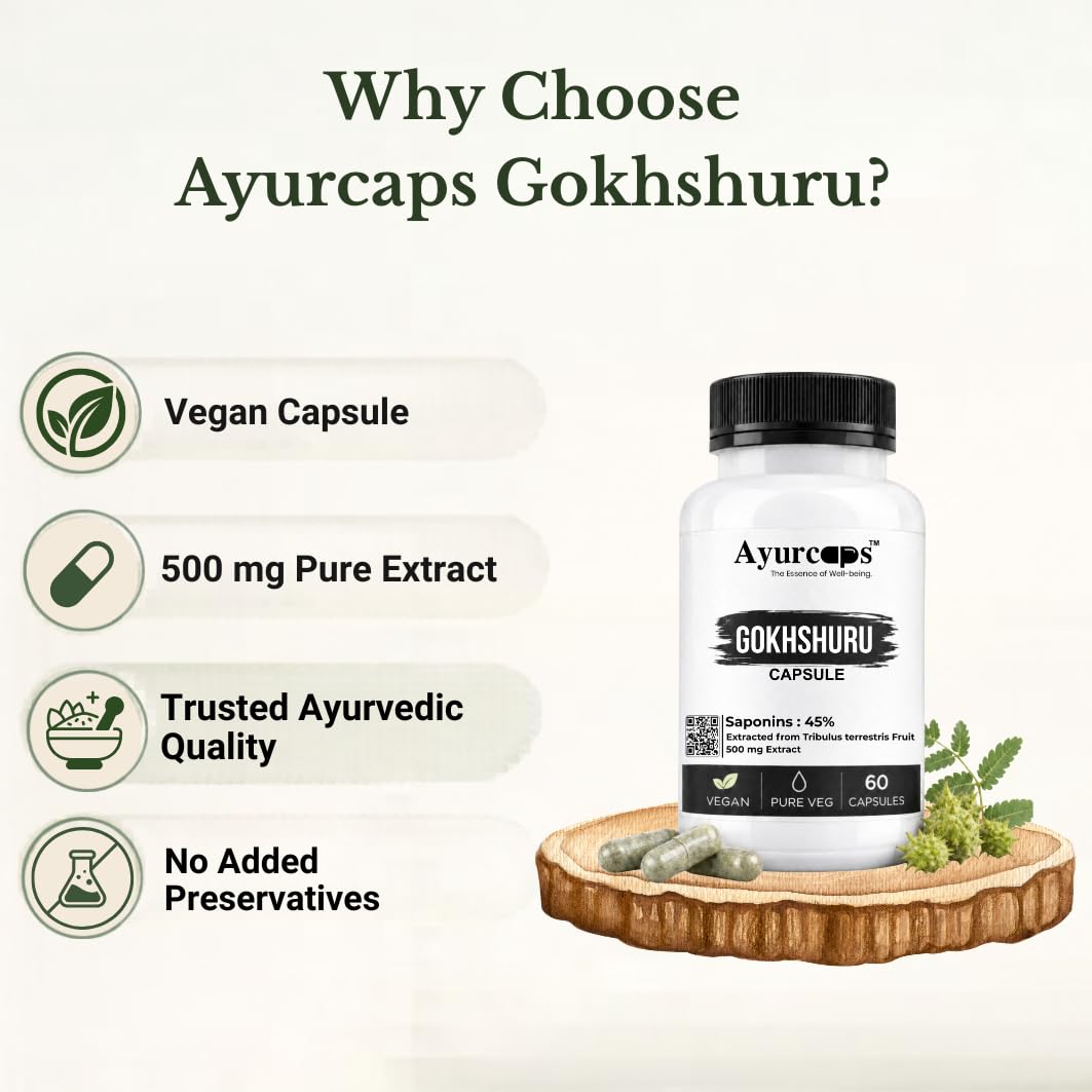Ayurcaps Gokhshuru Capsules (Tribulus Terrestris) | Ayurvedic Supplement For Men, Women | Supports Energy, Stamina & Active Daily Routine | Plant-based Veg Capsules For Wellness Support | 60 Capsules