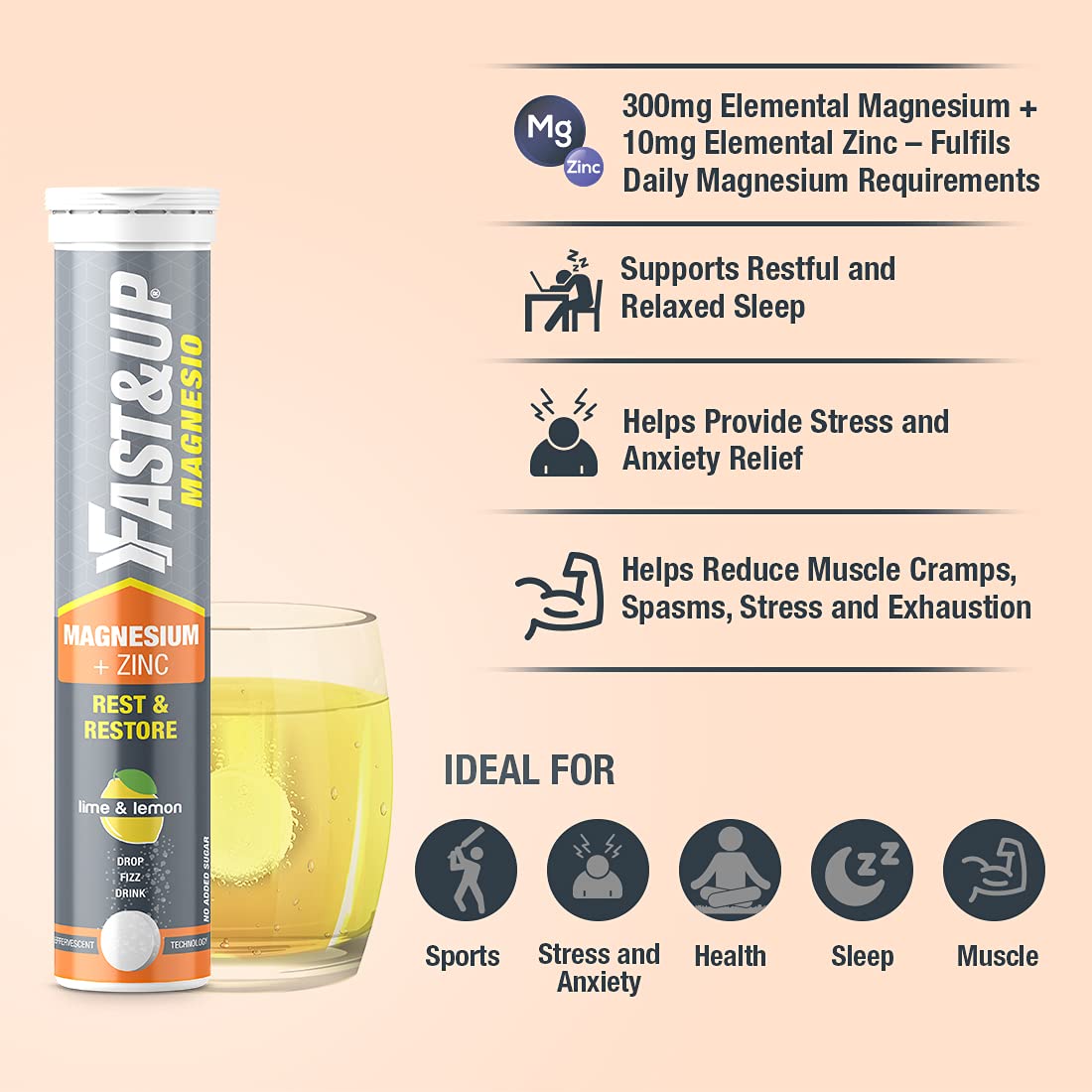 Fast&Up Activate- Pre-training Drink- 1500 mg-Orange Flavour- Pack of 20 Effervescent Tablets & Fast&Up Magnesio - Restful Sleep Supplement - (20 Effervescent Tablets, Lime & Lemon Flavor)