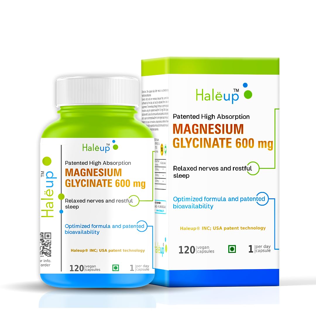 Magnesium Glycinate 99% pure Supplement 600 mg, Haleup USA, 120 capsules, High Absorption for Sleep, Cramps, muscle recovery & Nerves Health