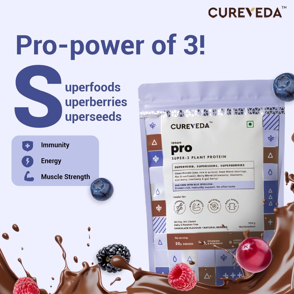 Cureveda PRO Super-3 Vegan Plant Protein powder with Superfood, Superse- image 8