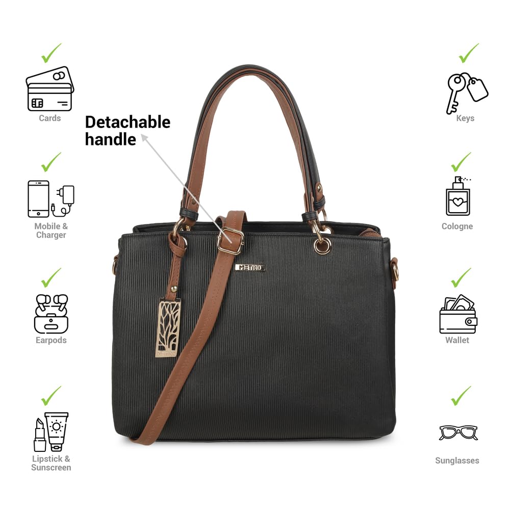 Metro Women Black Faux Leather Handbag with Detachable Sling (66-7852)