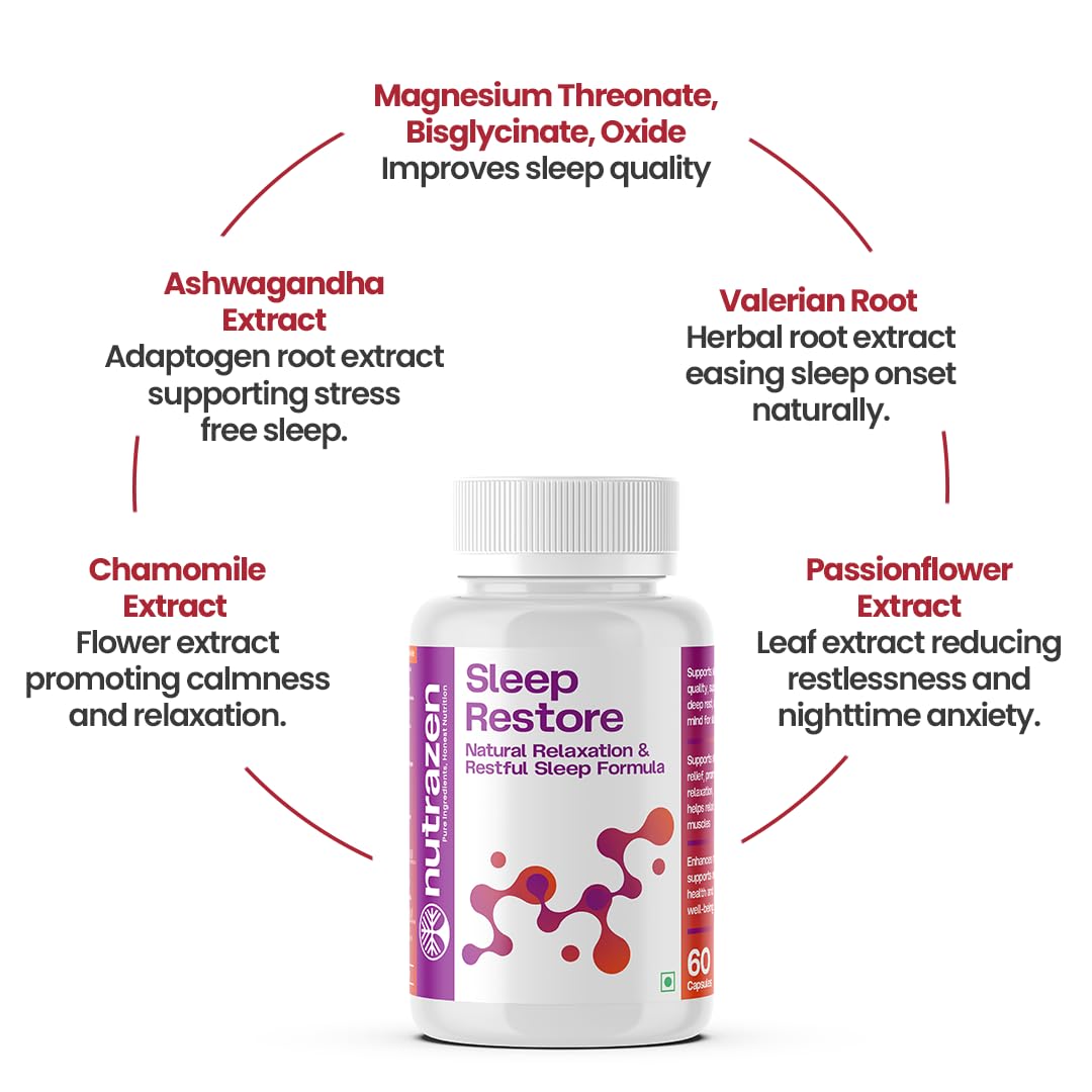 Nutrazen Sleep Restore – 60 Capsules | Triple Magnesium Formula (Bisglycinate, Threonate, Oxide) | Chamomile Extract, Valerian Root, Lavender, Ashwagandha | Zinc, L-Theanine, Glycine | Supports Relaxation, Calm & Restful Sleep
