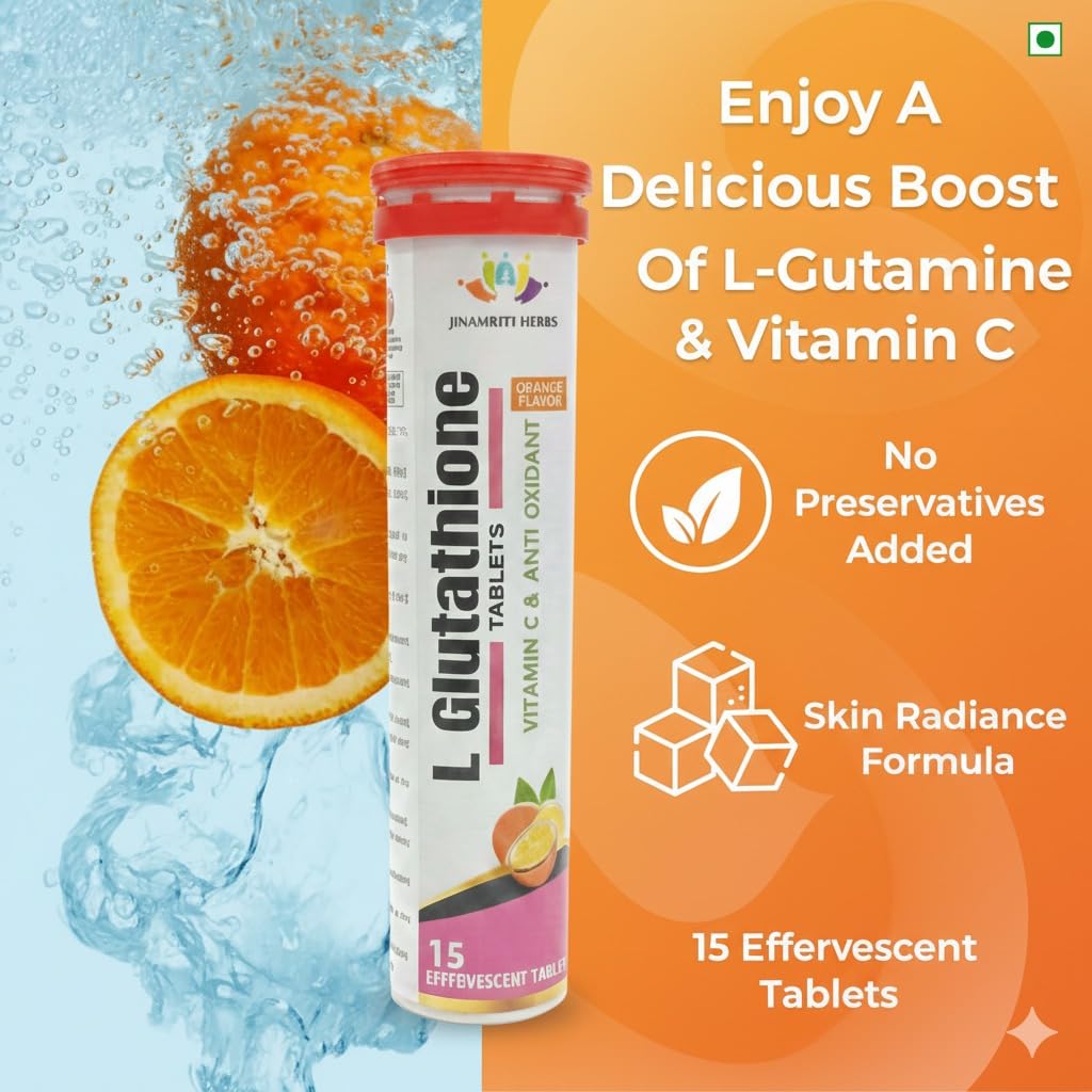 JINAMRITH Herbs L-Glutathione Effervescent Tablets with Vitamin C & E – 15 Tablets (Orange Flavour)