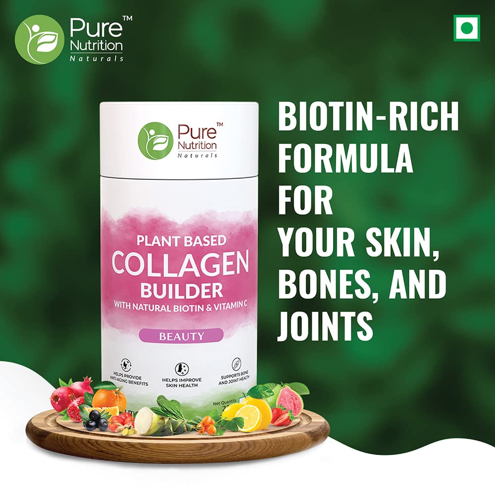 Pure Nutrition Naturals Plant Based Collagen Builder Supplement With Biotin,Vitamin C,Bamboo Shoot&Turmeric Extract For Glowing Skin,Strong&Healthy Hair,Nail,Bones&Joints-Jaljeera Flavour,250G Powder