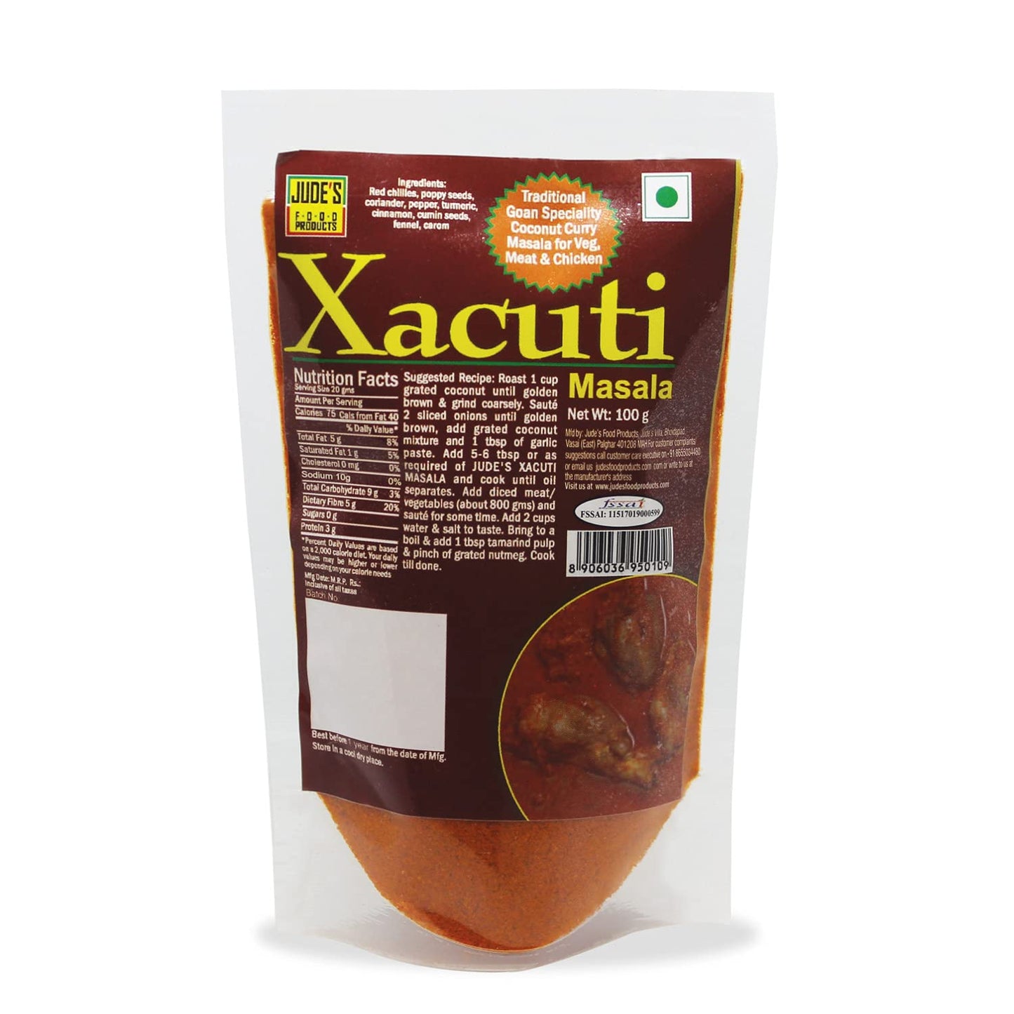 Jude'sFood Products - Xacuti Masala | Authentic, traditional Goan recipe | Goan Speciality | Ready to Use | Perfect for Cooking |No Added Colour, Flavours | For Fish, Prawns, Chicken, Meat, Vegetables | Spice Powder | 100 gms (Pack of 1)