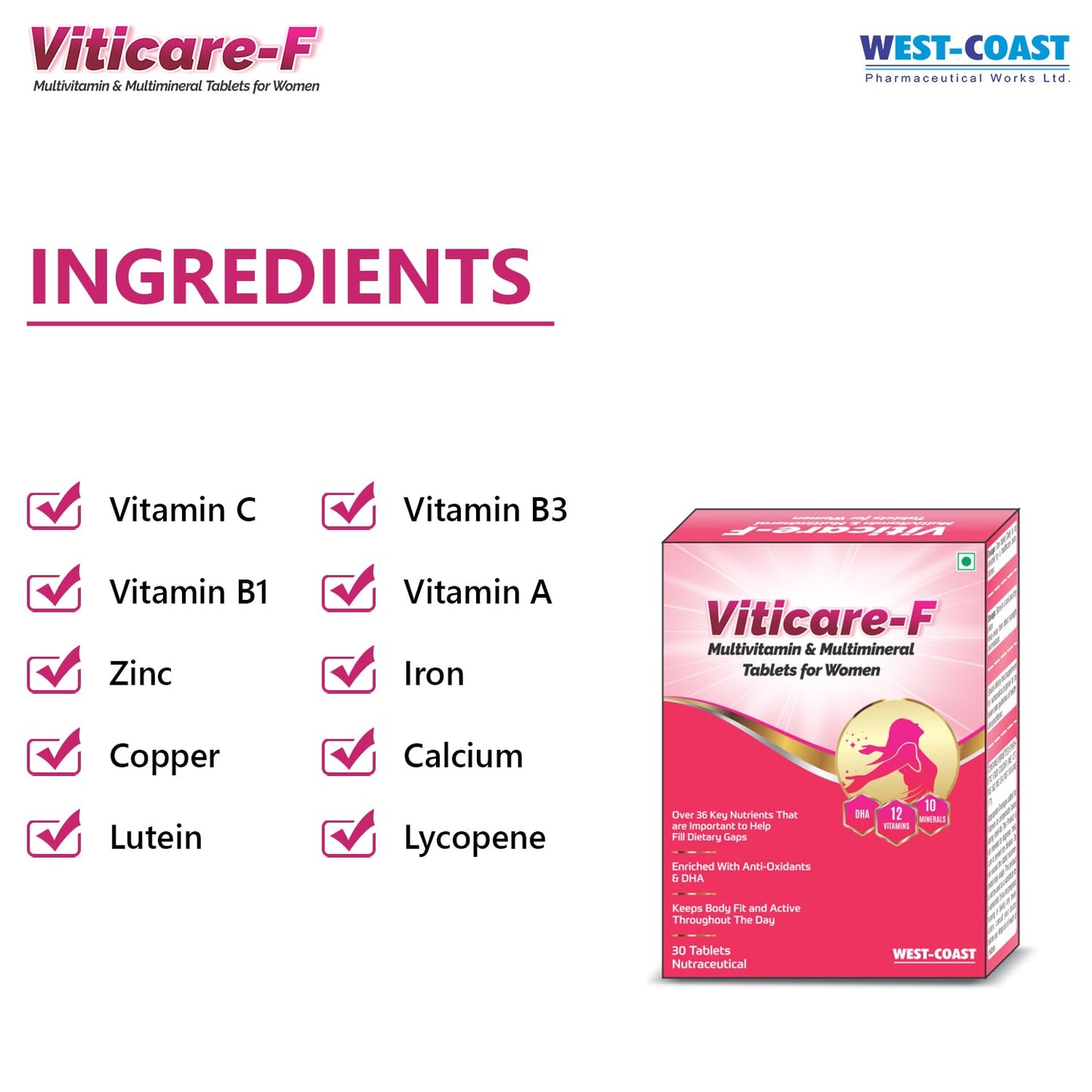 WEST-COAST Viticare F Multivitamin, Multimineral & Antioxidants Tablets, over 24+ key nutrients for daily nutritional requirement with grape seed extract - 30 Tablets