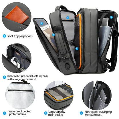 BANGE High Capacity Expandable Water Resistant 15.6 inch Laptop Backpack with USB Charging (Grey 45L)