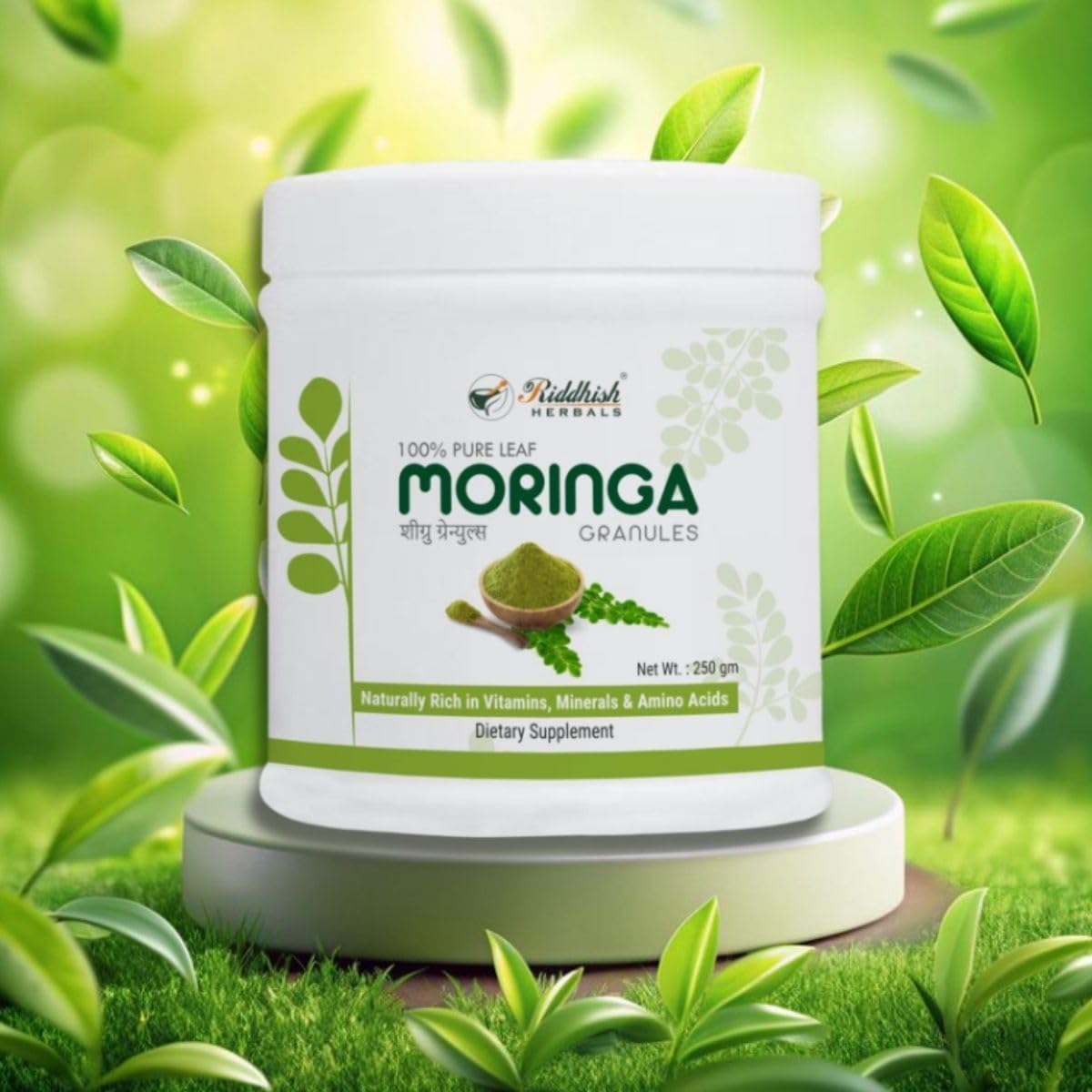 Riddhish Herbals Moringa Granules 250g - Pure Moringa Oleifera Shigru Drumstick Leaf - Easy Mixing Natural Flavour Daily Nutrition Drink - Rich in Vitamins Minerals & Amino Acids - FSSAI GMP Certified