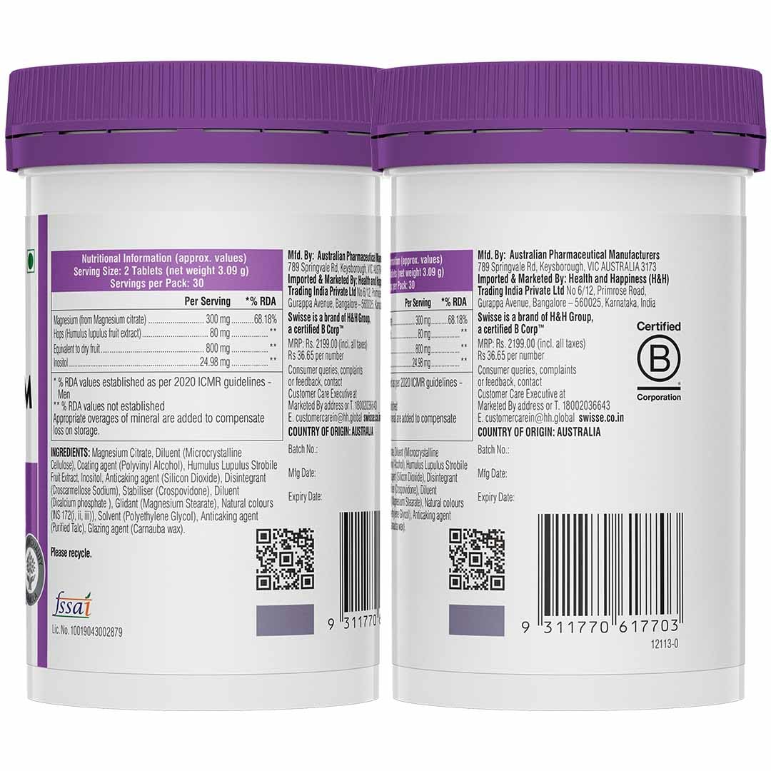 Swisse Relax & Calm - 300mg Magnesium Citrate with Hops & Inositol - Helps Muscle Recovery, Supports Mind Relaxation & Healthy Sleep Cycles | Non-Drowsy Everyday Formula (60 Tablets)