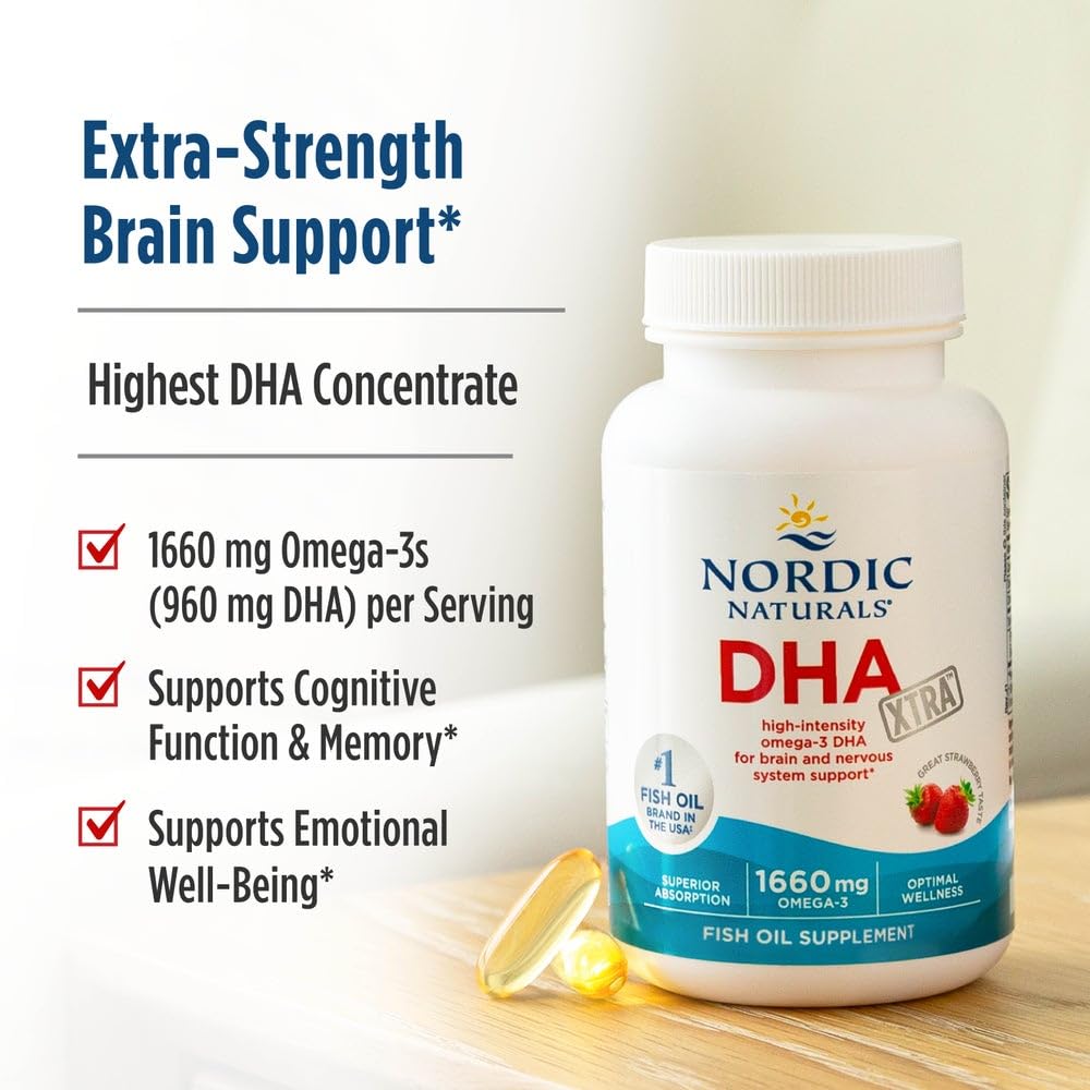 Nordic Naturals DHA Xtra | 1660 Mg Omega-3 Fish Oil | High-Intensity DHA Formula | EPA & DHA Supplement For Brain Health & Nervous System Support Strawberry Flavour Fish Oil 60 Softgels