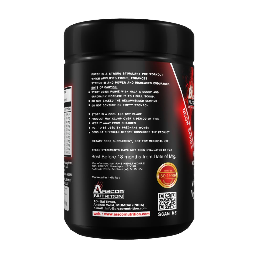 Arscor's Purge – Pre-workout Supplement Energy Drink with Caffeine, Citrulline, Beta-Alanine | Gym Performance Booster for Men & Women (300 gm, Litchi)