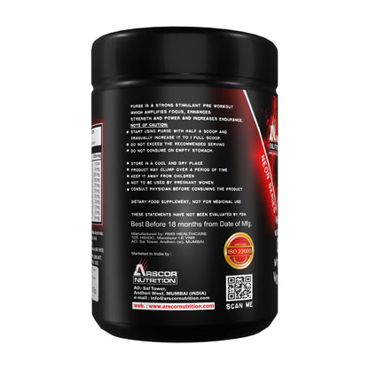 Arscor's Purge – Pre-workout Supplement Energy Drink with Caffeine, Citrulline, Beta-Alanine | Gym Performance Booster for Men & Women (300 gm, Litchi)