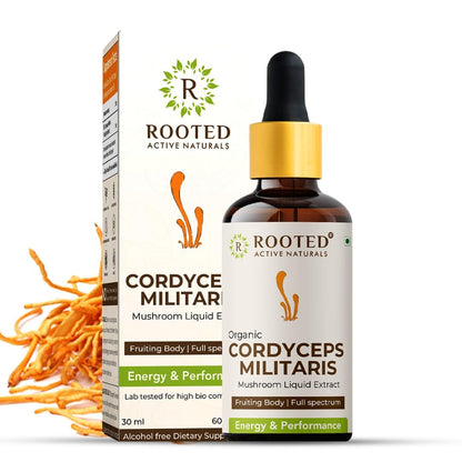 R ROOTED ACTIVE NATURALS Cordyceps Mushroom Supplement, Organic Extract Tincture | For Energy, Stamina, Supports Respiratory & Kidney Health| Non Gmo, No Alcohol Exctract | 30 Ml - 60 Servings
