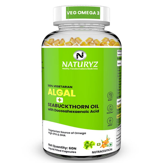 Naturyz Vegetarian Omega 3 Algae + Sea buckthorn Oil Capsules 1120mg | Highest Strength DHA 400mg | Gelatin Free, No Burps, No Fish Oil | Supports Healthy Heart, Skin, Brain & Gut | Plant source for Men & Women | 60 Liquid fill Capsules