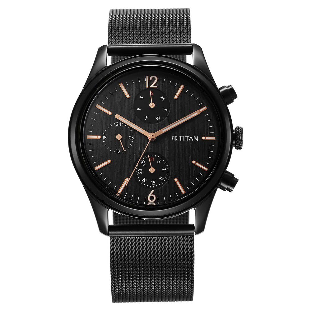 Titan Neo Black & Gold Quartz Analog with Day and Date Black Dial Stainless Stee