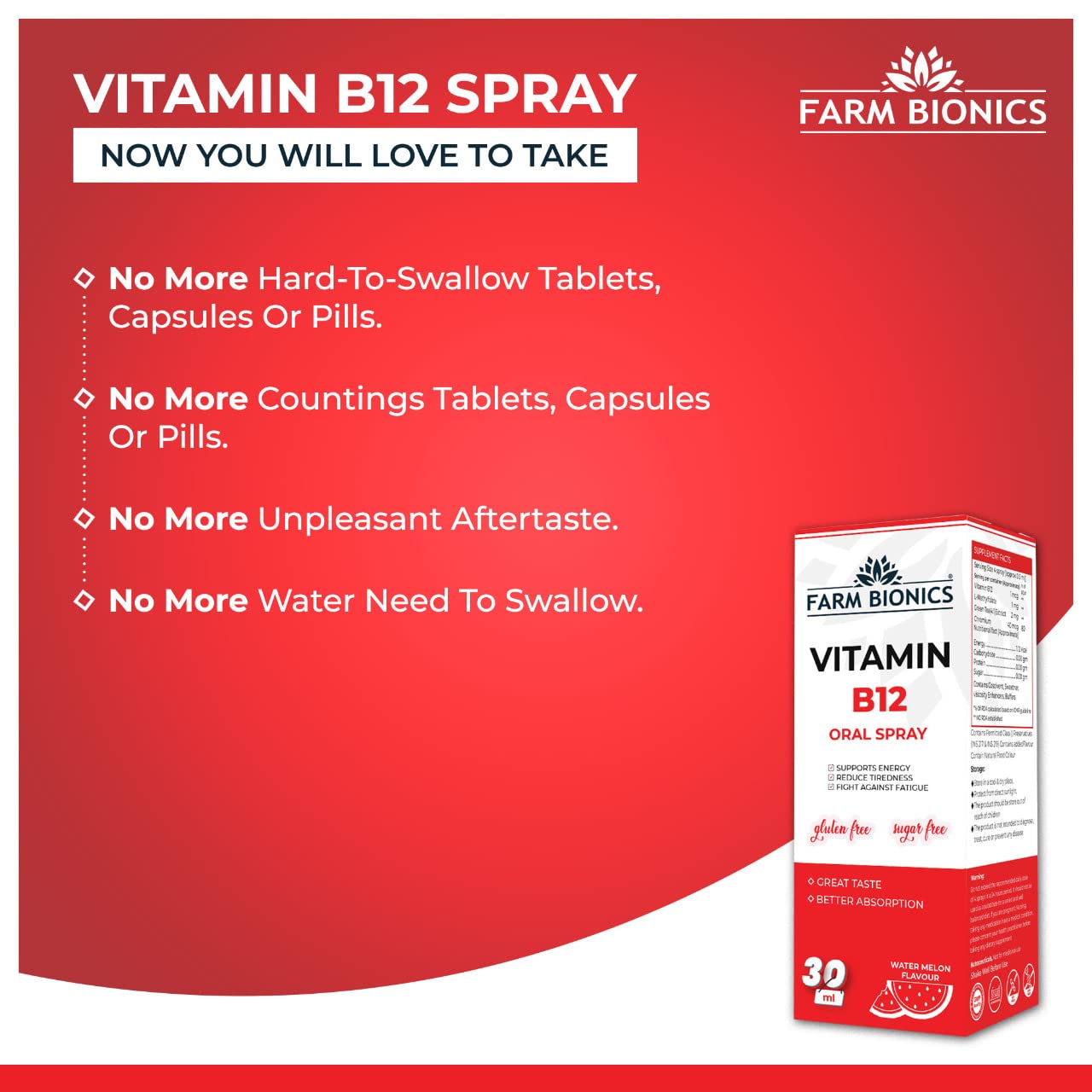 FARM BIONICS Vitamin B12 Drop Oral Spray, 30Ml|100% Vegetarian|Sugar Free|Gluten Free|Immunity Booster Spray For Men & Women|Pocket Friendly (Watermelon, Pack Of 2)