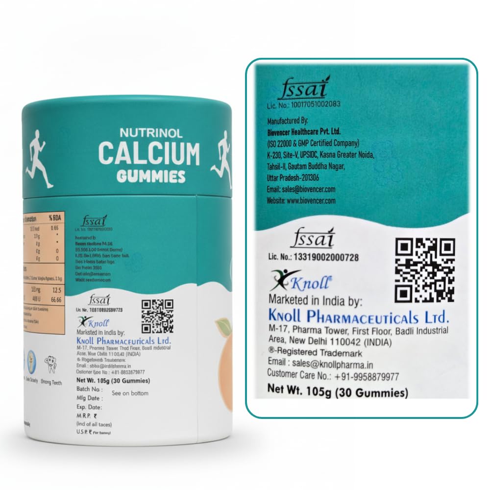 Knoll Healthcare Nutrinol Calcium Gummies with Vitamin D3 | Bone Health, Teeth Strength & Muscle Support | No Added Sugar | Peach Flavour Calcium Supplement for Men, Women & Kids | 30 Gummies