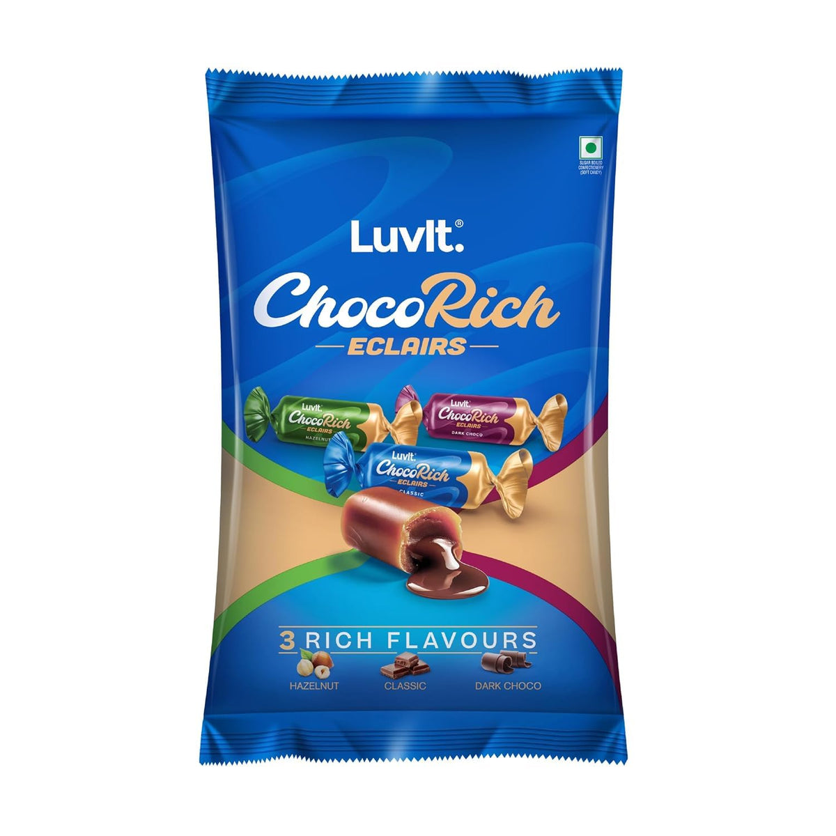 LuvIt. Chocorich Assorted Eclairs Chocolate Birthday Pack | Hazelnut, Dark Choco & Classic | 60 Pieces - 480 Gm