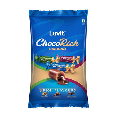 LuvIt. Chocorich Assorted Eclairs Chocolate Birthday Pack | Hazelnut, Dark Choco & Classic | 60 Pieces - 480 Gm