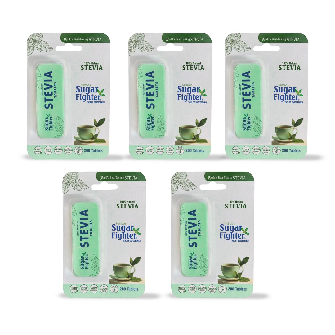 Sugar Fighter Stevia Tablets – Zero-Calorie Plant-Based Sweetener, 200 Tablets x 5, Pack of 5