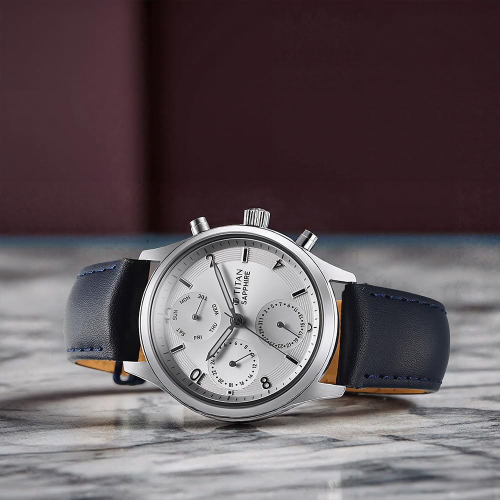 Titan Sapphire Quartz Multifunction Silver Dial Leather Strap Watch for- image 4