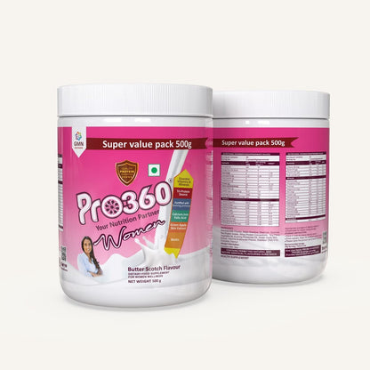 Pro360 Women Protein Rich Nutritional Supplement Enriched Calcium, Iron for Stronger Bones and Improved Haemoglobin – 25 Essential Nutrients with Evening Primrose – Butterscotch (500+500) g Pack of 2