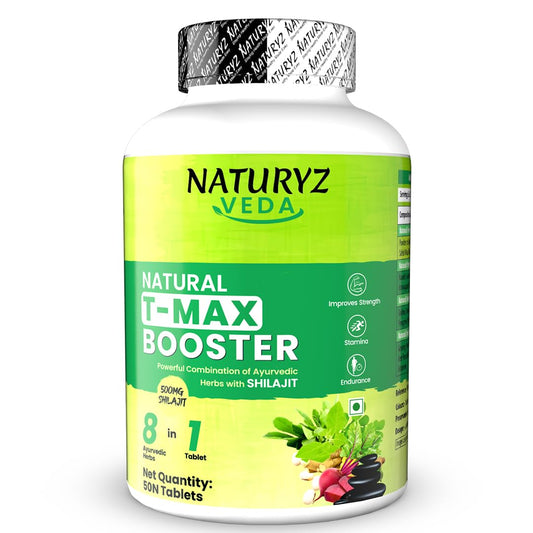 Naturyz VEDA Natural T-MAX Booster with 8 Ayurvedic Herbs | Highest Strength Shilajit | Safed Musli | Kaunch | Ashwagandha | Gokshura | Ginseng |High absorption | Original Shilajeet Improves Strength, Stamina, Endurance, Energy & Muscle Mass - 50 Tablets