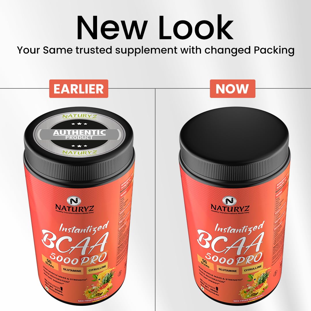 NATURYZ Instantized BCAA 5000 PRO |5G Vegan BCAAs | Glutamine | Citrulline | Electrolytes | 0 Added Sugar | Powerful Intra Workout Amino for Lean Muscle Growth, Strength, Quick Re-Hydration & Instant Energy - 300g(Mix Fruit Cocktail)