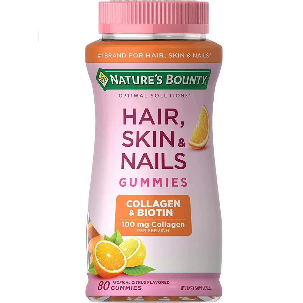 Nature's Bounty Hair, Skin & Nails with Biotin and Collagen, Citrus-Flavored Gummies Vitamin Supplement, Supports Hair, Skin, and Nail Health for Women, 2500 mcg, 80 Count...