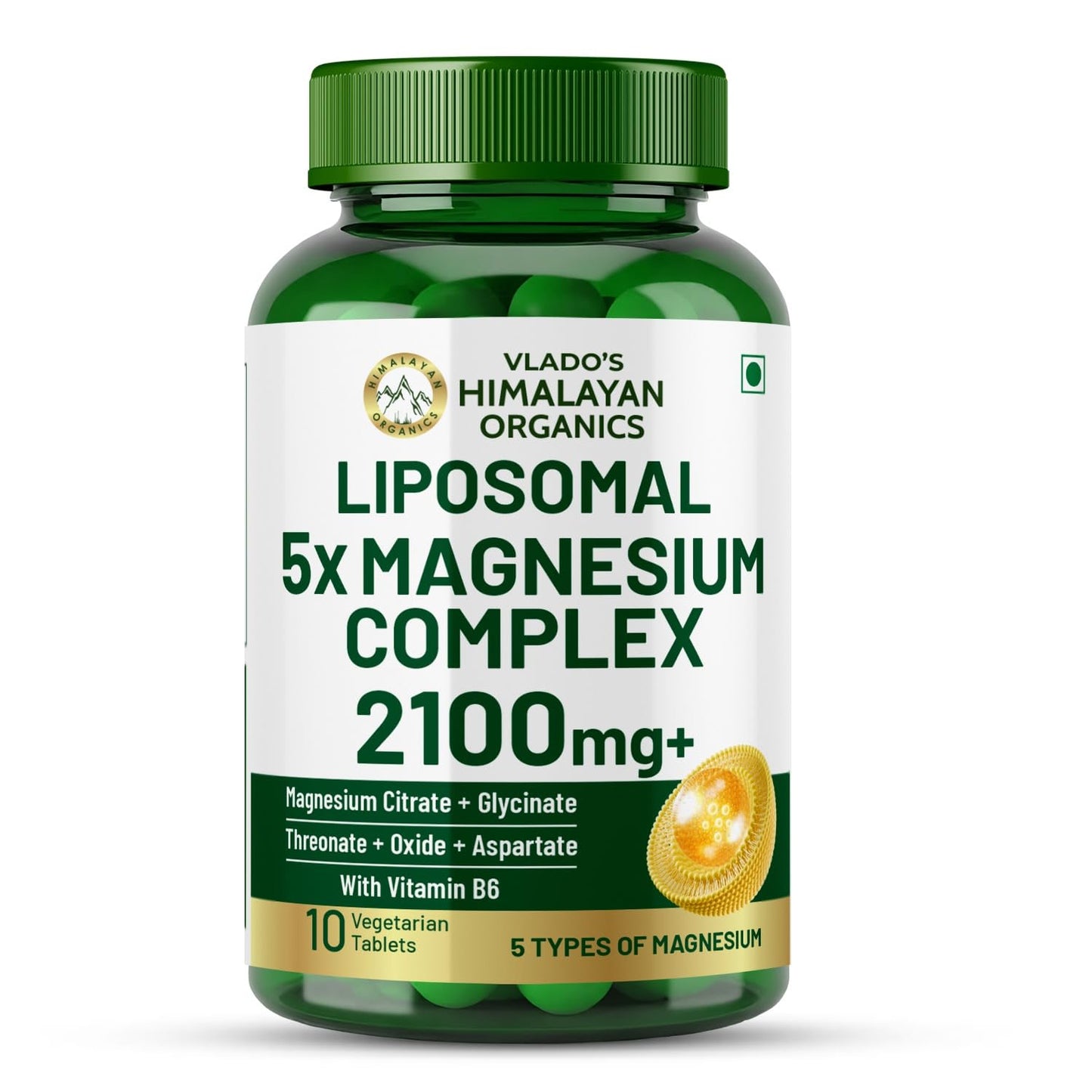 Vlado's Himalayan Organics 5X Strength Liposomal Magnesium Supplement - 2100mg+ with Chelated Magnesium Glycinate, Citrate, Oxide | For Sleep, Cramps, Recovery, Nerve & Muscle Function - 10 Tablets