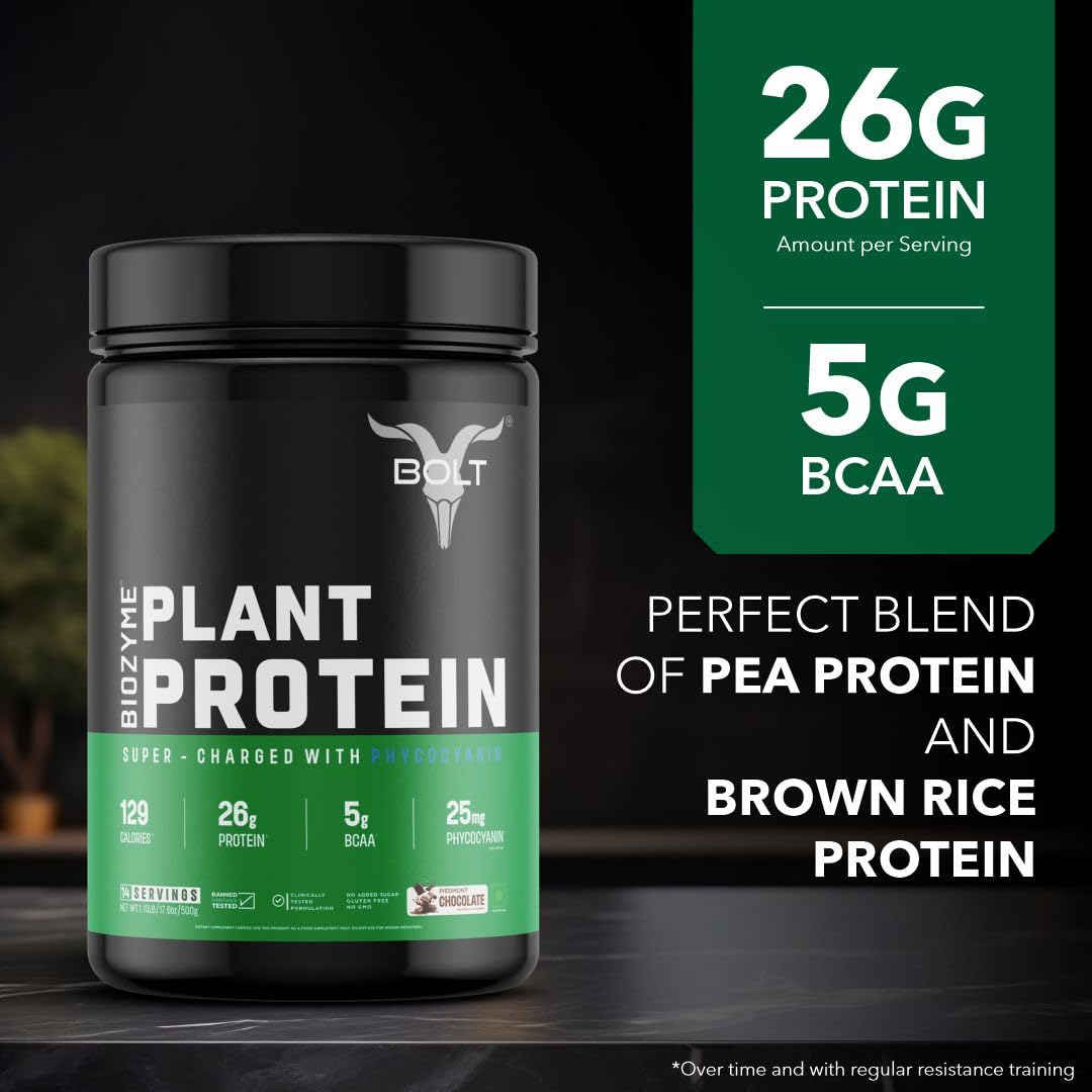 Bolt Biozyme Plant Protein | Vegan Protein with Superfood PHYCOCYANIN and Ayurvedic Herbs | Complete Amino Acid Profile for muscle Support and Recovery | 500gm, 14 Servings | Piedmont Chocolate