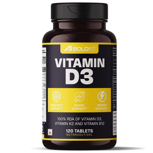 Boldfit Vitamin D3 K2 Supplement for Bone & Heart Health | Vitamin-D tablets with Vitamin-K2 MK7 | Premium Vitamin-B12 supplement for Energy, Bones, Immunity and General Wellness -120 Count