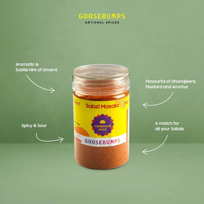 Goosebumps Homemade Sabzi Masala | All Purpose Sabji Shaak masala | 100% Natural Ingredients | Ready to use | Artisanal & Authentic | Vegan Spice | No Bulking Agent, artifical colours or preservatives used | 90 GMS