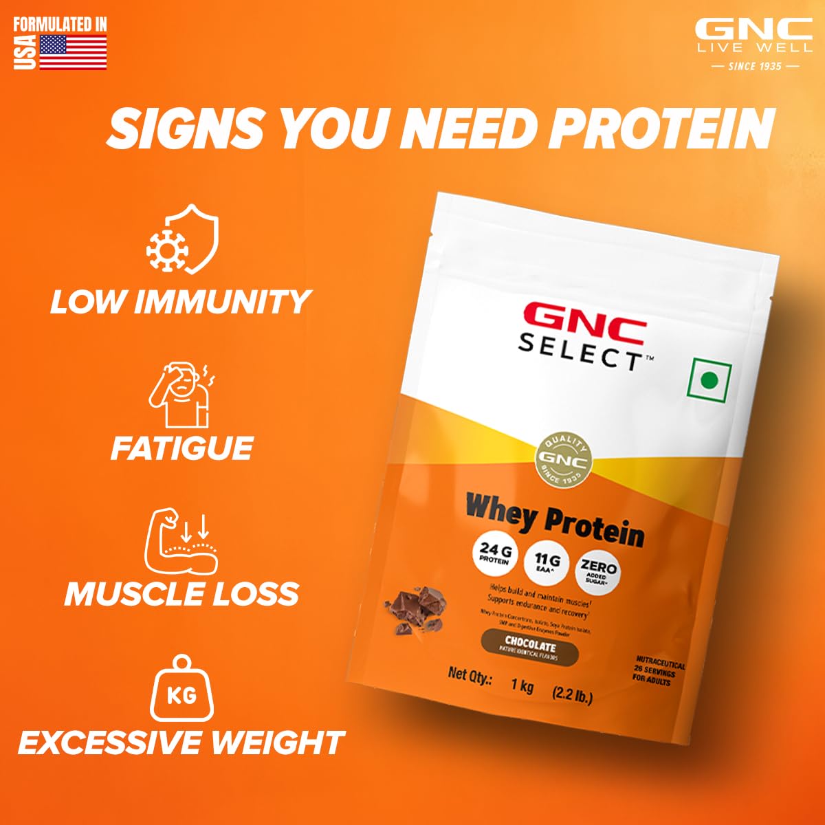 GNC Whey Protein Blend With Free Shaker | 2.2 LBS (1KG) | Chocolate |24 Gm Protein| Digestive Enzyme For Better Digestion | Faster Muscle Recovery | Boosts Strength| Builds Lean Muscles| Imported