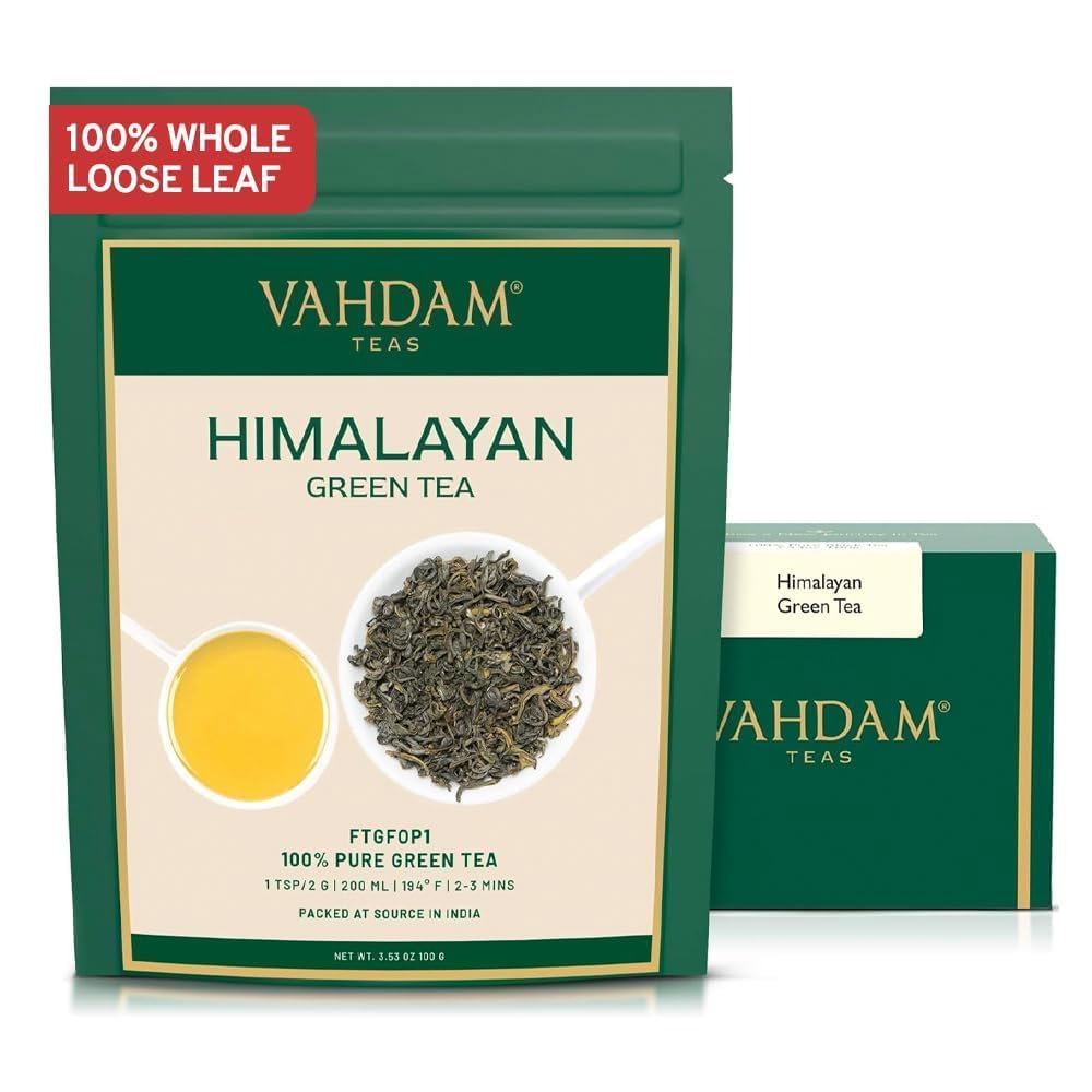 VAHDAM, Himalayan Green Tea Leaves - 100g | Non GMO, Gluten Free |Natural, High Elevation Grown Tea Leaves From Himalayas | Pure Green Tea | Vacuum Sealed for Freshness