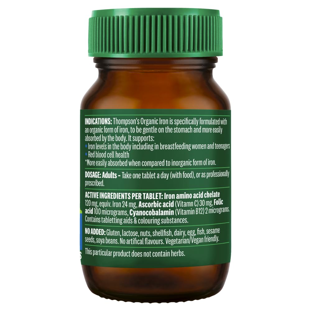 Thompson's Organic Iron | 30 Tablets | With Folic Acid Vitamin C & B12 | Australian Made | Vegan Friendly | Better Absorption |