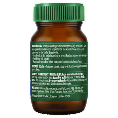 Thompson's Organic Iron | 30 Tablets | With Folic Acid Vitamin C & B12 | Australian Made | Vegan Friendly | Better Absorption |