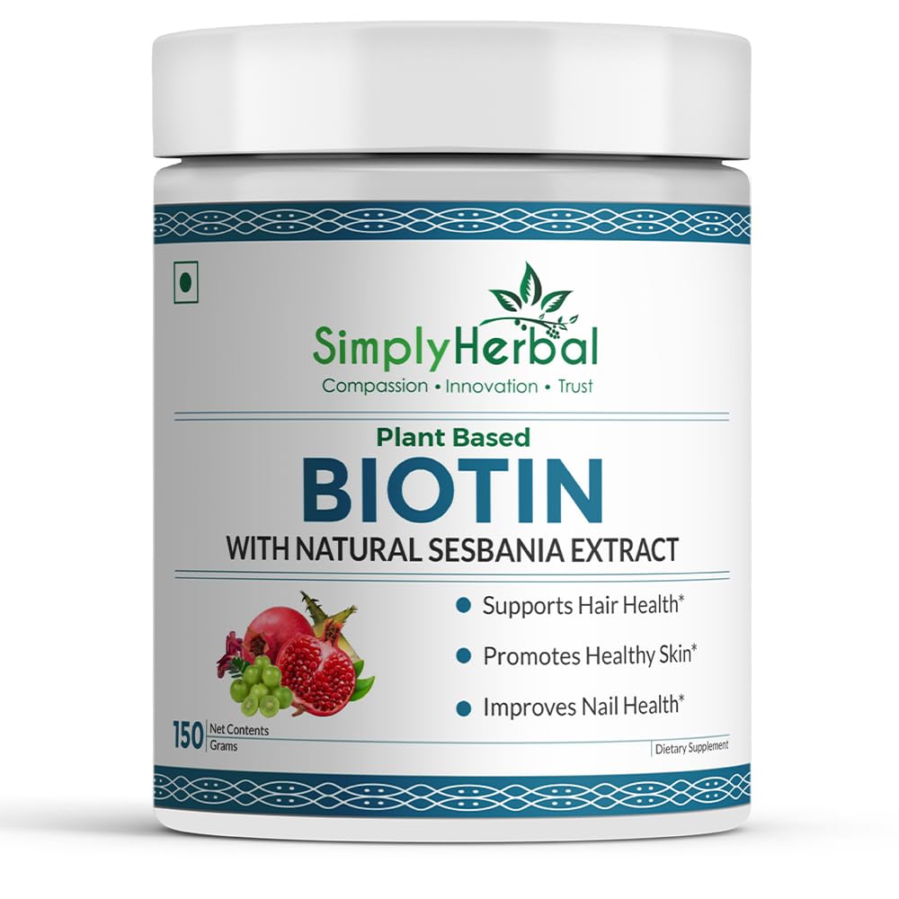 Simply Herbal Natural Biotin Powder Vitamin B7 Supplement with Sesbania Agati, Keratin, Bamboo Shoot Extract, Pomegranate and Amla for Stronger Shiner Hair & Healthier Skin for Men & Women – 150 gm