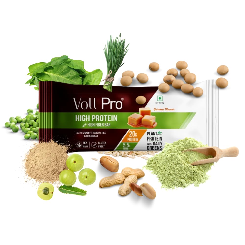 Voll Pro Plant Protein Bar with Daily Greens - High Protein 20g, Fiber 5.5g, 0g Sugar - Caramel Flavour- Non-GMO- Gluten & Trans Fat Free- Crunchy, Delicious Nutrient-Rich Protein Bars (50g X 3 Bar) - (Pack Of 3, Caramel)