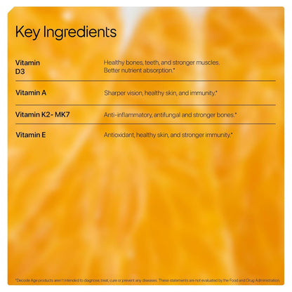 Decode Age DAKE 5000 IU | Vitamin D3 K2 Supplement with Vitamins E & A in MCT Oil for Bone, Immune, Heart and Vision Support | Vegan Capsules | 30 Vegan Capsules