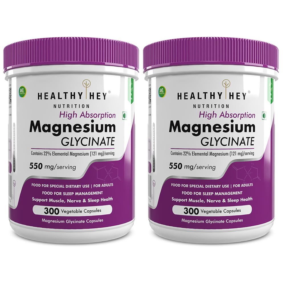 HealthyHey Nutrition High Absorption Magnesium Glycinate, 550mg - 300 Vegetable Capsules - Pack of 2
