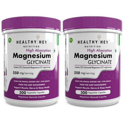 HealthyHey Nutrition High Absorption Magnesium Glycinate, 550mg - 300 Vegetable Capsules - Pack of 2