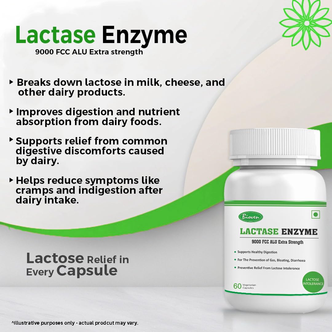 Biovencer Lactase Enzyme 60 Vegetarian Capsules-9000 FCC ALU | Supports Lactose Digestion | Dairy Relief Supplement | Fast-Acting, Non-GMO, Gluten-Free |