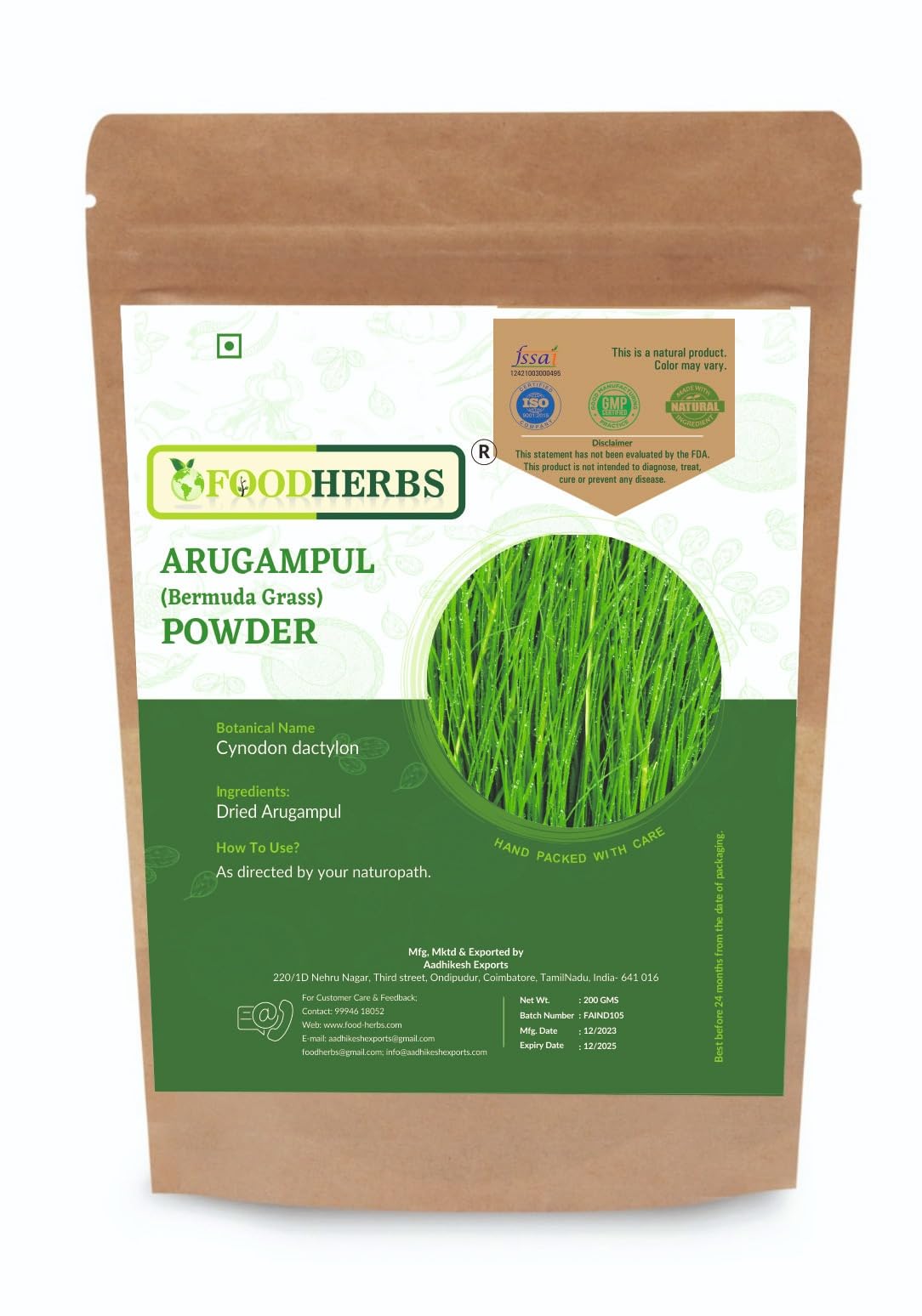 Foodherbs Arugampul Powder 200g | 100% Natural Bermuda Grass | Ayurvedi- image 5