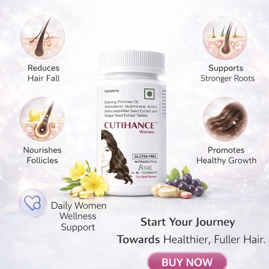 Cutihance Tablet, Hair Growth Supplement Complex with Evening Primrose Oil, Multivitamin, Multimineral, Amino Acids, Grape Seed Extract, Beta-Sitosterol, Tablets, For Strong and Shiny Hair (Women)